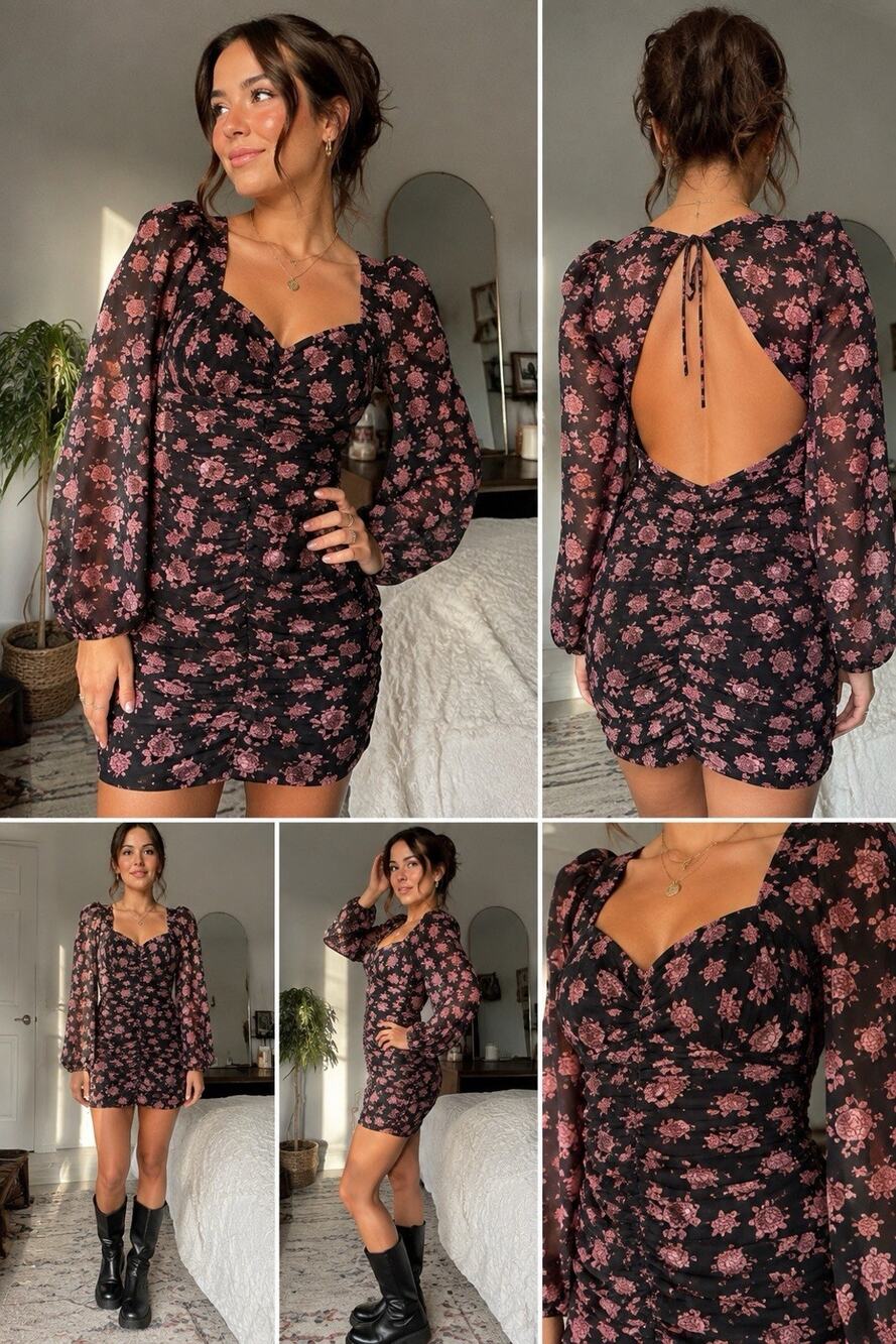 NOVA Vintage Black Pink Floral Ruched Mini Dress Size Medium Open Back